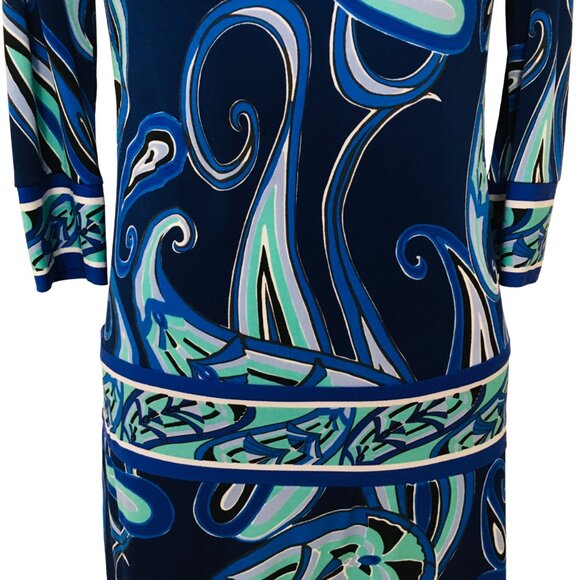 Drop Waist Dress Blue White Green Swirls ¾ Sleeves Stretch Ali Ro Women’s Size 2 - Picture 8 of 16